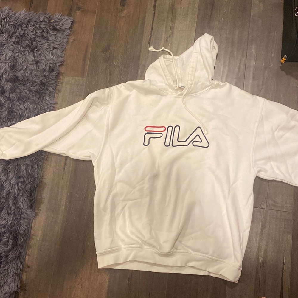 White Fila Hoodie! Drawstrings, letters are stitched. No pockets